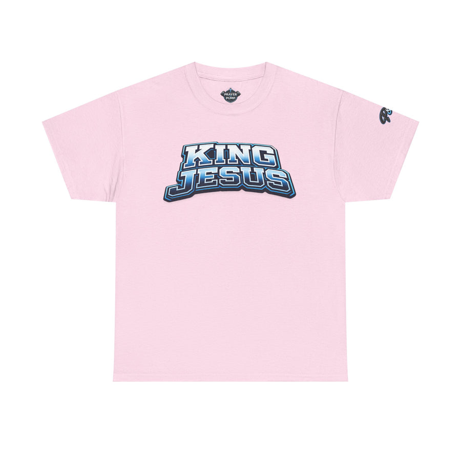Pink t-shirt with 'King Jesus' text on a white background