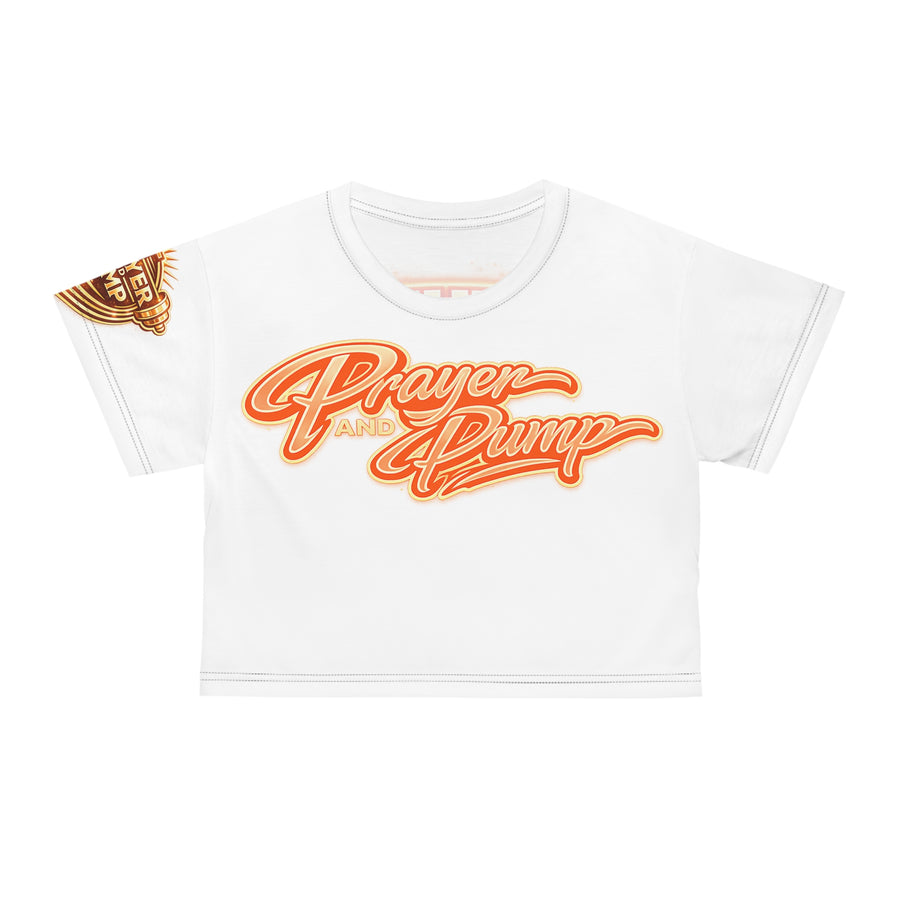 White t-shirt with orange and black text design on a white background