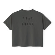 Women's Boxy Tee — "Pray Then Press" Minimal Script Cropped T-Shirt