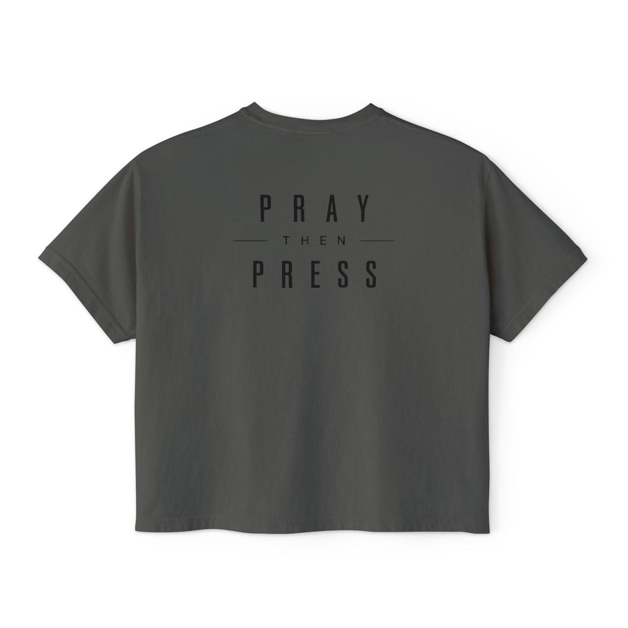 Women's Boxy Tee — "Pray Then Press" Minimal Script Cropped T-Shirt
