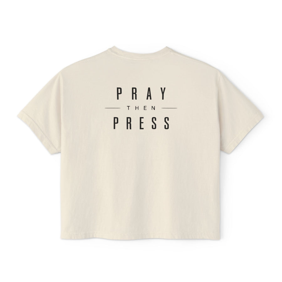 Women's Boxy Tee — "Pray Then Press" Minimal Script Cropped T-Shirt