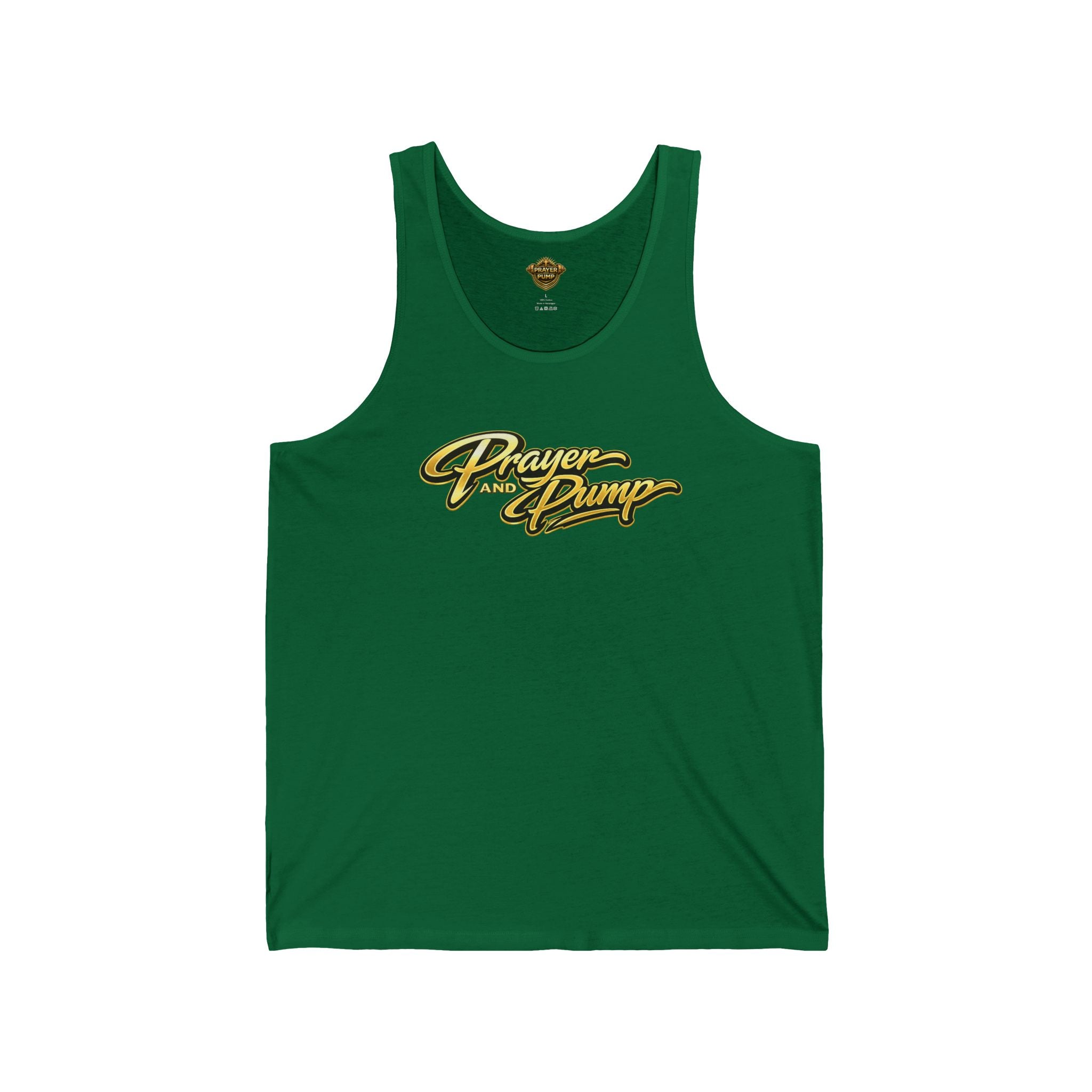 Green tank top with gold 'Prayer and Pump' text on a white background
