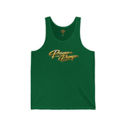 Green tank top with gold 'Prayer and Pump' text on a white background