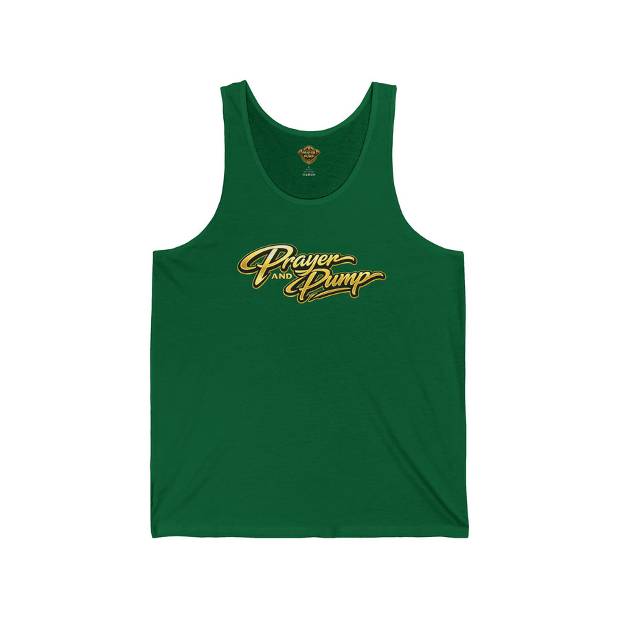Green tank top with gold 'Prayer and Pump' text on a white background
