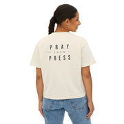 Women's Boxy Tee — "Pray Then Press" Minimal Script Cropped T-Shirt
