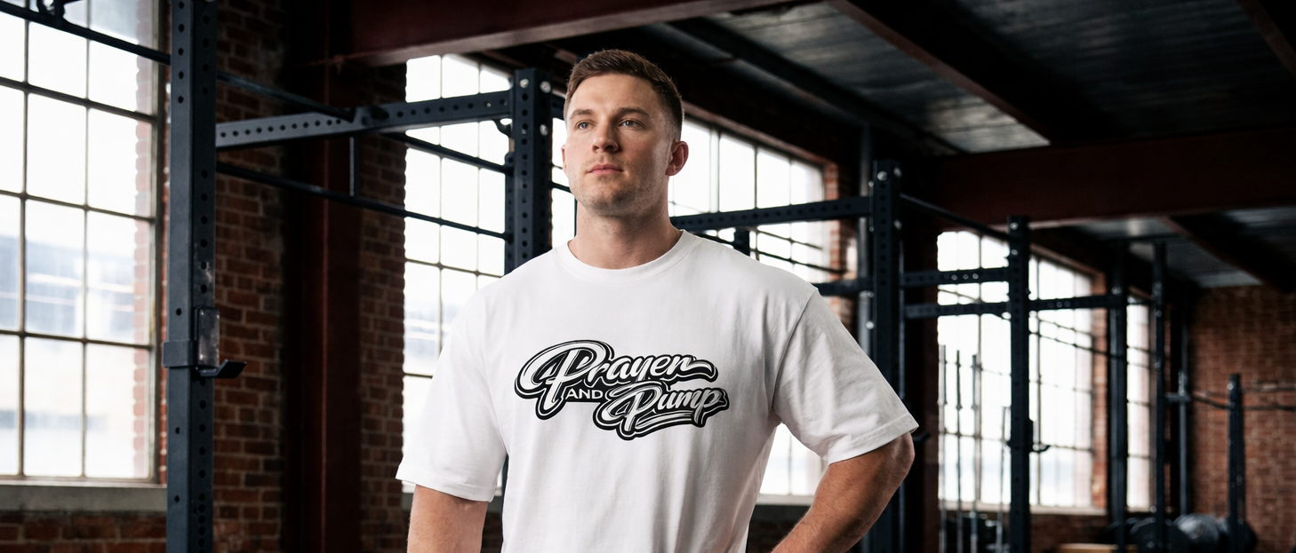Man wearing a white t-shirt with 'Prayer and Pump' text in a gym setting