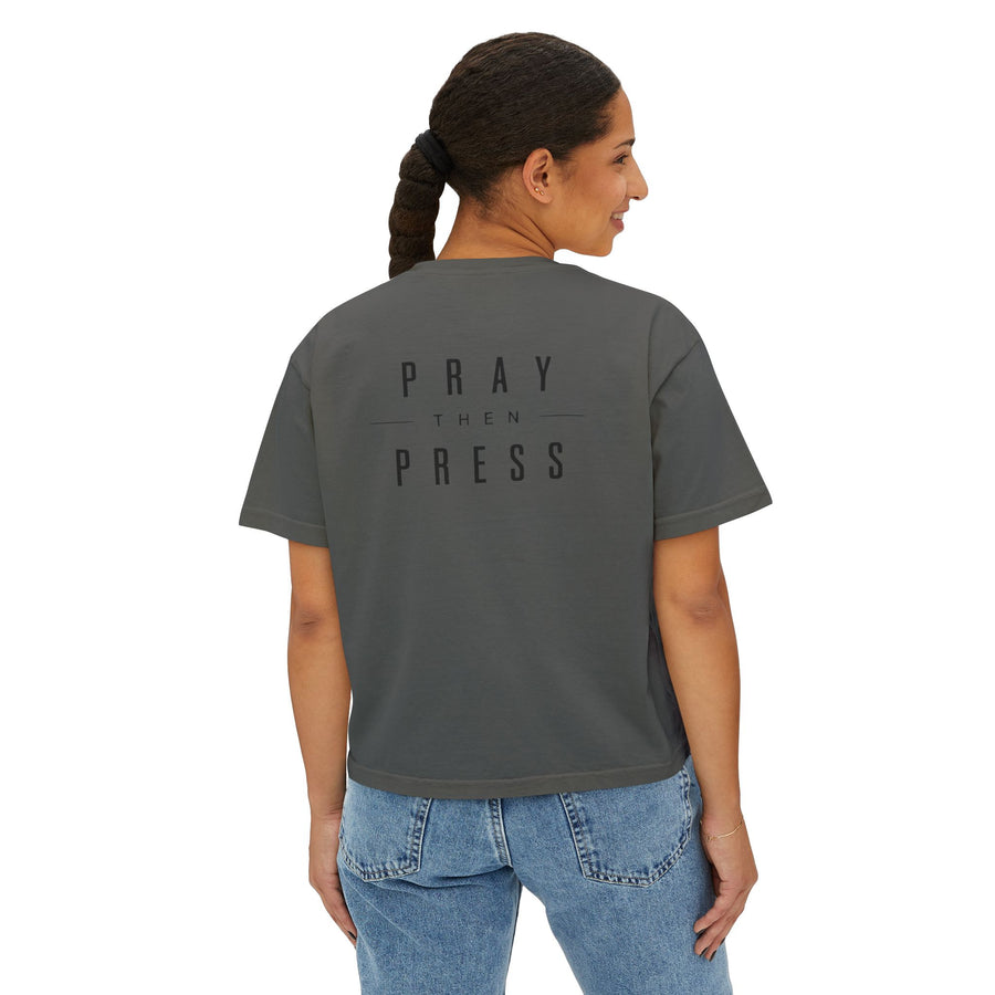 Women's Boxy Tee — "Pray Then Press" Minimal Script Cropped T-Shirt