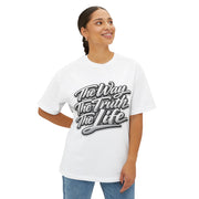 Person wearing a white t-shirt with text on a white background