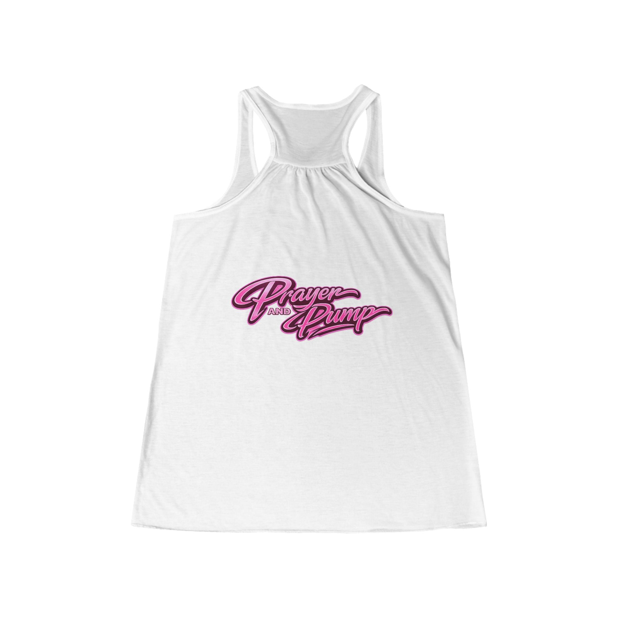 White tank top with pink text on a white background