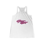 White tank top with pink text on a white background