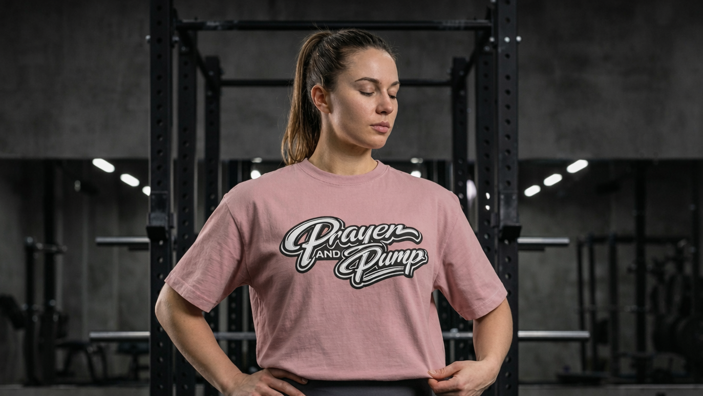 Woman wearing a pink t-shirt with 'Prayer and Pump' text in a gym setting
