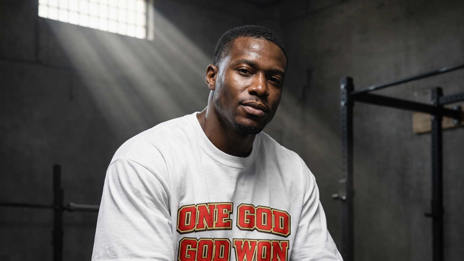 Man wearing a white t-shirt with 'ONE GOD GOD WON' text in a gym setting