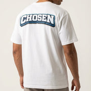 Man wearing a white t-shirt with 'CHosen' printed on the back against a plain background