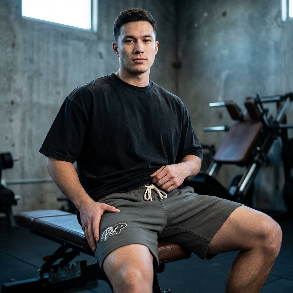 Man sitting on a weight bench in a gym setting