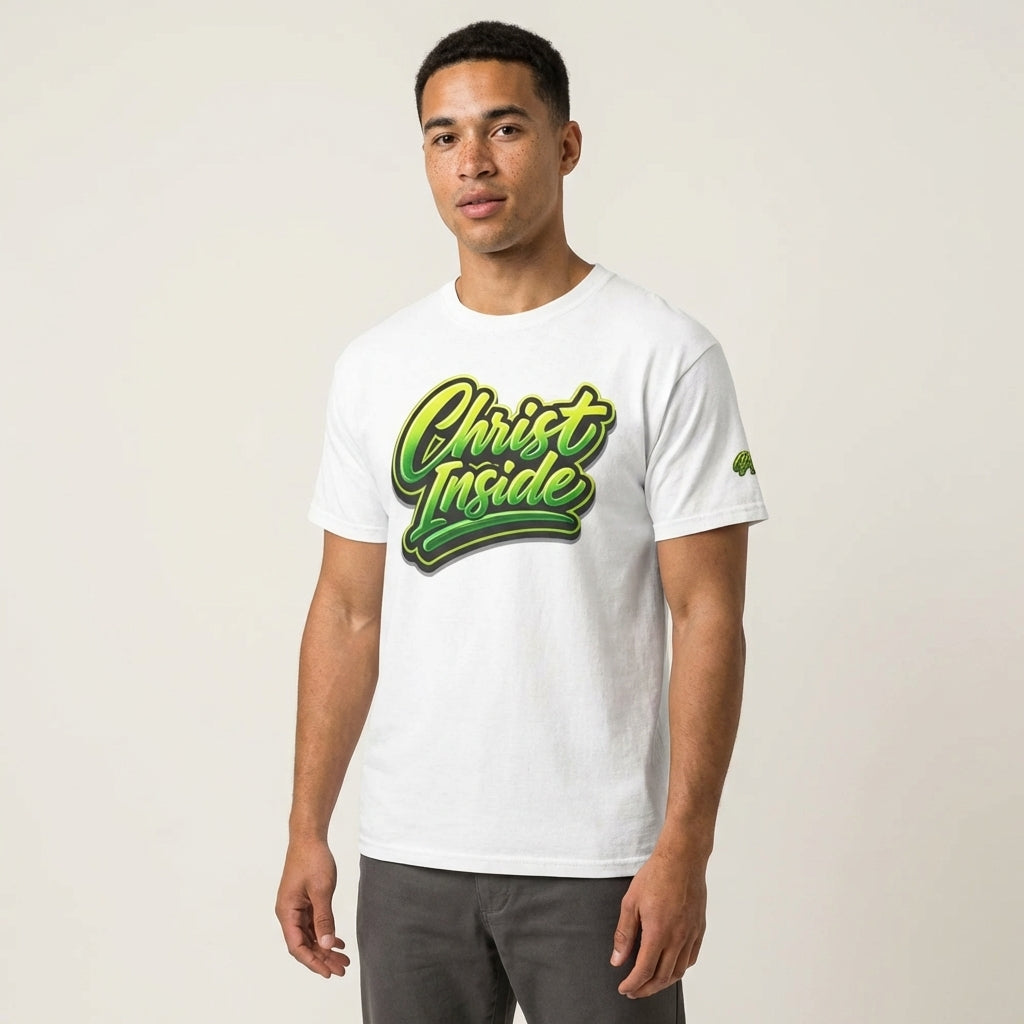 Person wearing a white t-shirt with 'Christ Inside' text in green and yellow.