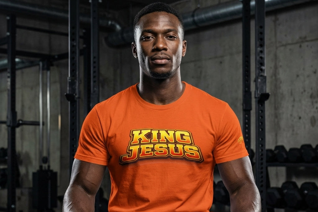 Person wearing an orange 'King Jesus' t-shirt in a gym setting