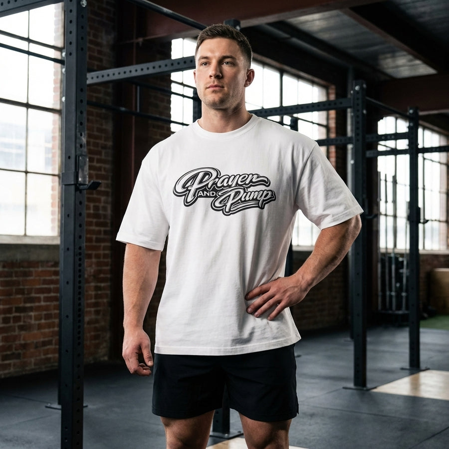 Man wearing a white t-shirt with 'Prayer and Pump' text in a gym setting
