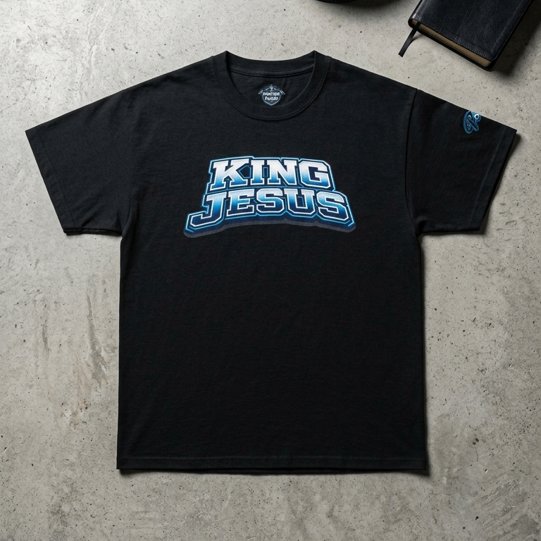 Black t-shirt with 'King Jesus' text, belt, and notebook on a gray surface