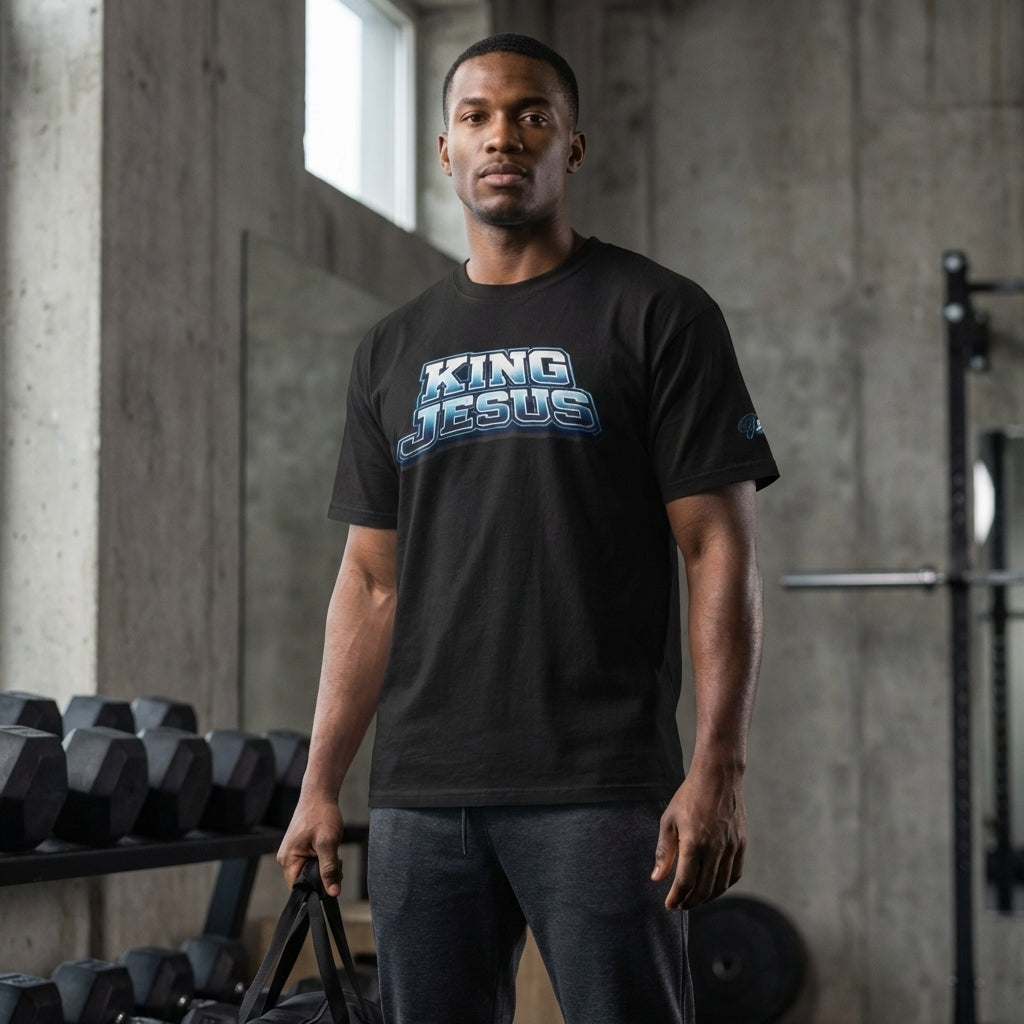 Man wearing a black t-shirt with 'King Jesus' text in a gym setting
