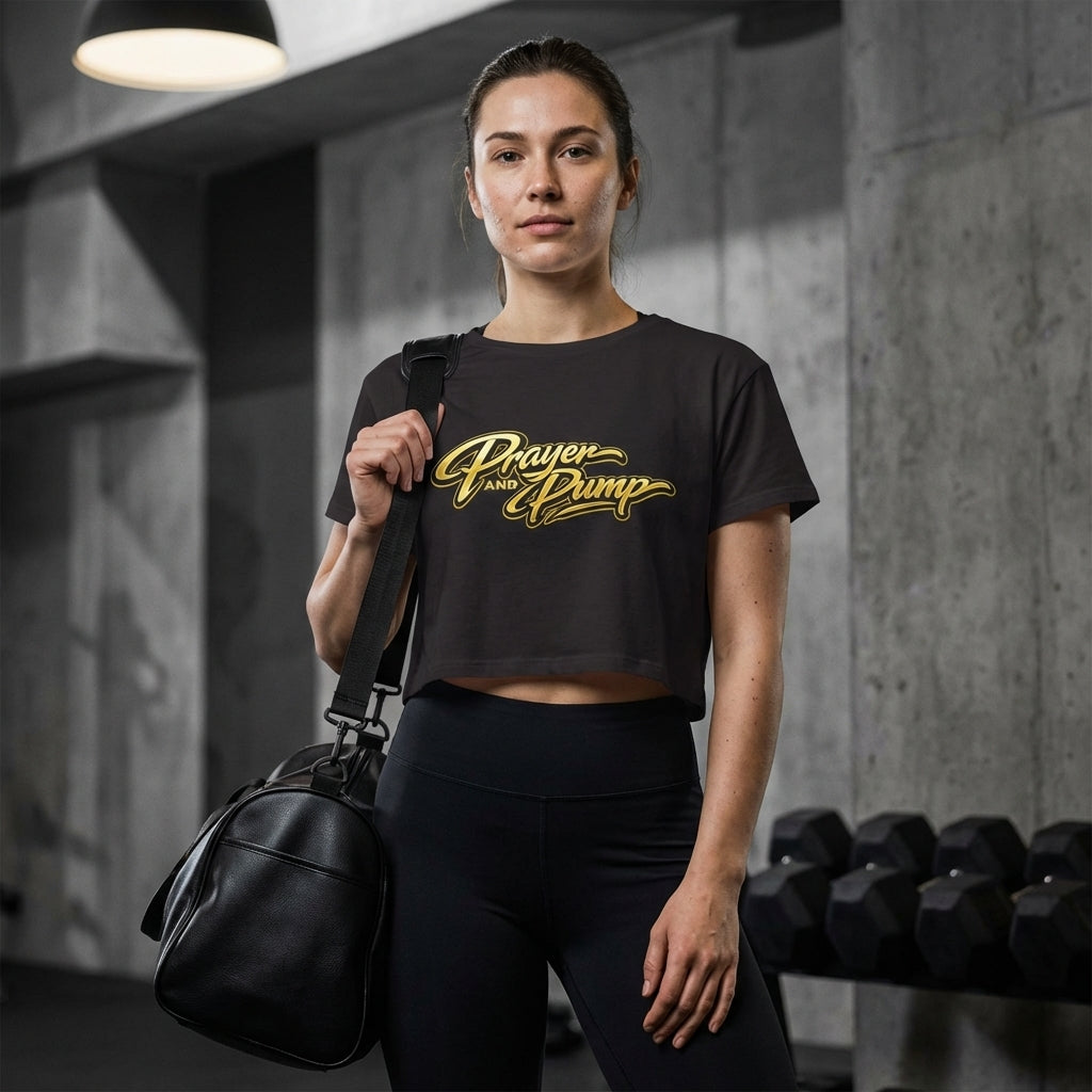 Woman in a gym wearing a black t-shirt with 'Prayer and Pump' text.