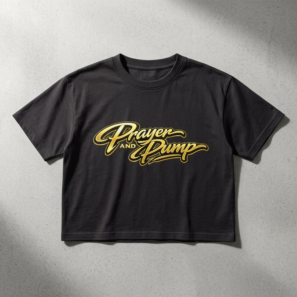 Black t-shirt with 'Prayer and Pump' text in gold on a gray background